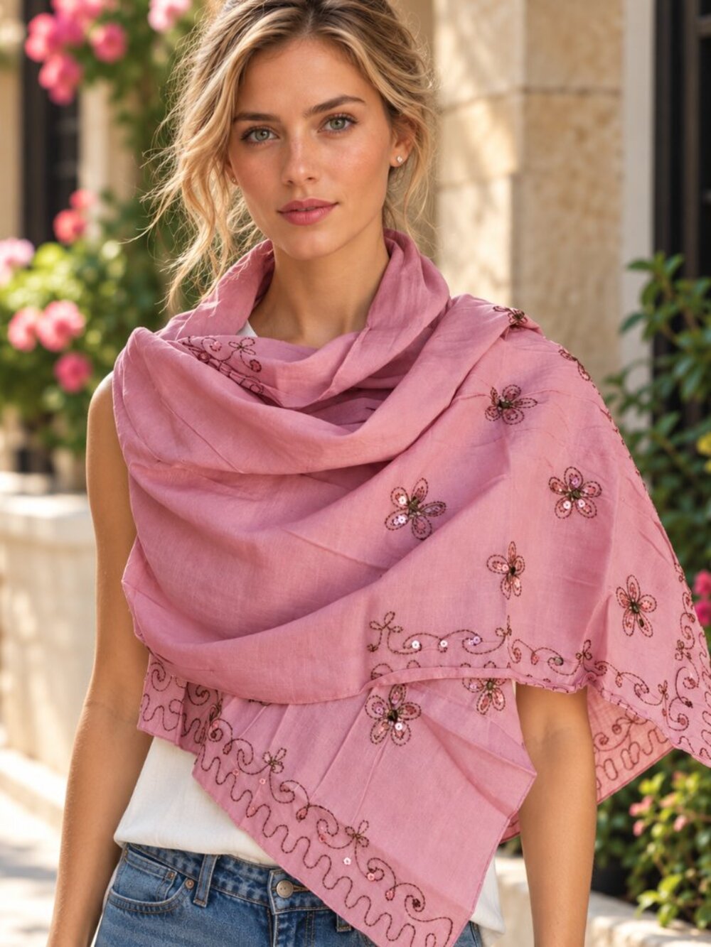 EGYPT Pink Scarf Wrap Hijab Embroidered Metallic Sequins Floral Iridescent